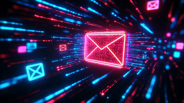 Neon envelope icon surrounded by digital data streams and email symbols.