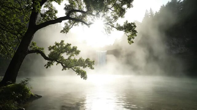 Mountain Ridge Mystique Long exposure shot of a mountain ridge enveloped in thick, slow-moving fog. Gentle dawn light creates subtle edge diffraction around the mountain peaks and tree lines,