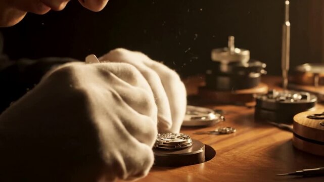 Master watchmaker carefully assembling a luxury mechanical timepiece under warm workshop light, highlighting precision craftsmanship, intricate details, and timeless horology tradition.