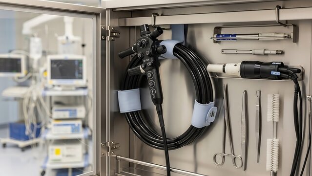 Surgical Endoscope and Instruments Organized in a Medical Cabinet.