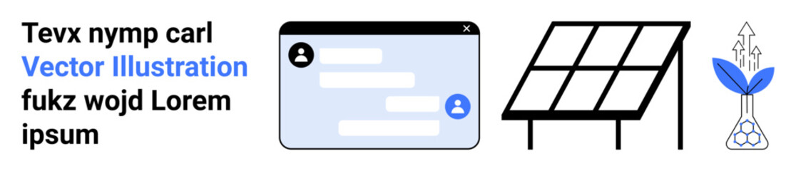 Obraz premium Renewable energy, digital communication, sustainability, technology, eco-friendly innovation, clean energy. A solar panel, chat window and plant icon with arrows. Renewable energy and digital