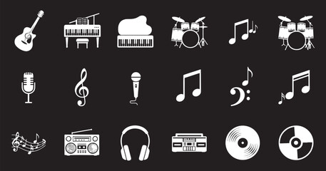 Collection of black music and audio icons including headphones, microphone, speaker, guitar, and piano in a minimalist glyph style for user interface © crea8ive