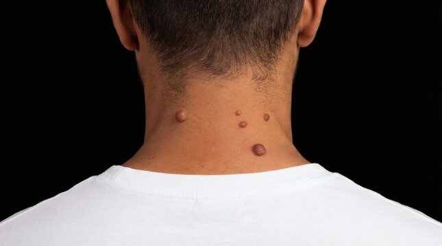 Skin Tag Cluster on Neck Healthcare Portrait on Black Background.