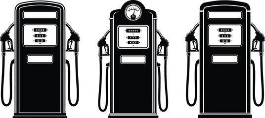 Vintage Gas Pump Silhouette Vector Illustration Set Featuring Retro Fuel Dispensers for Petrol Station Automotive Service and Classic Garage Design © Rakibul