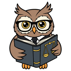 Cartoon Owl Studying with Glasses and Scales of Justice
