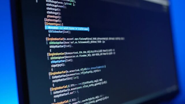 Close-up view of coding on a computer screen displaying lines of code in a dark environment