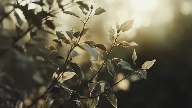 Young green leaves are gracefully emerging from branches, illuminated by the gentle golden light of the sun creating a tranquil and natural background