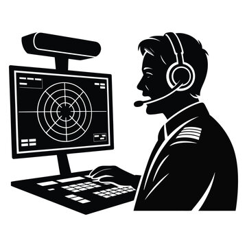 Male operator silhouette wearing headset working on radar navigation system terminal at dispatch control center desk with screen and keyboard professional vector illustration art