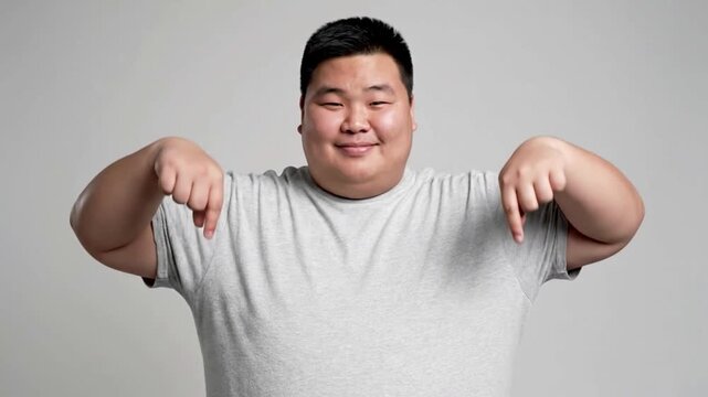 Happy plus-size Asian man smiling and pointing downward in soft studio light, expressing positive emotion, presentation gesture, and friendly human interaction in a clean cinematic portrait scene.