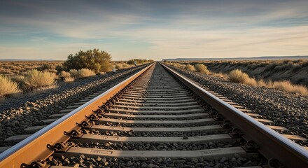 Endless railroad tracks stretching towards the horizon under a vast, cloudy sky.