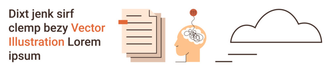 Creativity, cloud computing, digital data storage, brainstorming, education, thought process. Human head with a brain, cloud and documents. Creativity and cloud computing