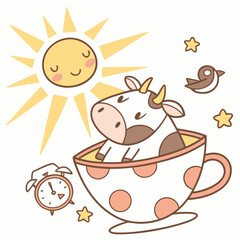 Sunny Mornings themed SVG: Funny Cow with in a teacup in a Morning sunshine environment
