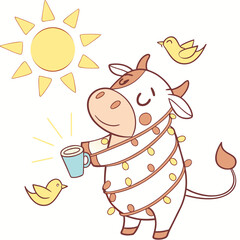 SVG art: A Content Cow in a Morning sunshine vibe with wrapped in fairy lights, tinted with Sunny Mornings tones
