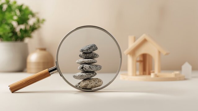 Careful assessment of home stability a magnifying glass highlights balanced stones against a house model background, symbolizing secure investment and financial planning