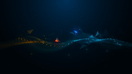 Abstract digital wave of glowing orange and blue particles with geometric polygons on dark background. Concept of big data, artificial intelligence, and futuristic network connection technology.