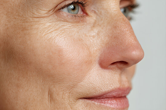 Middle - aged patient with green eye, freckled cheek and fine lines &mdash; clinical close - up of nose, lips and crow's - feet emphasizing textured, rosacea - prone skin