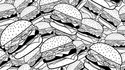 Monochrome Hamburger Line Art Seamless Pattern