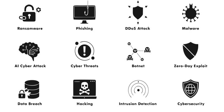 Icons representing various types of cybersecurity threats and vulnerabilities