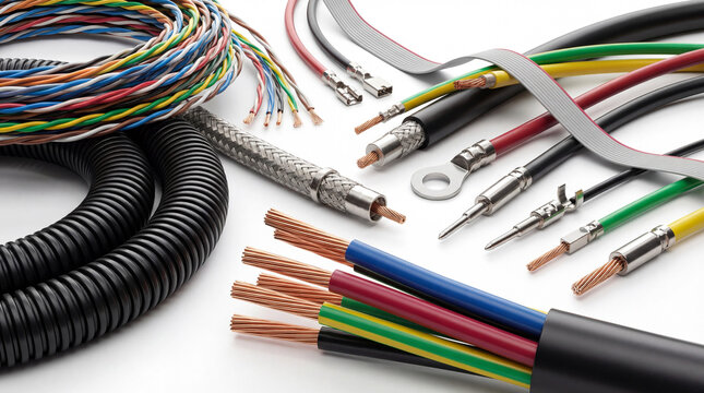 A diverse collection of electrical wires, cables, conduits, and connectors for electronics, power, and data transmission