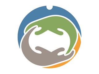 Obraz premium Circular logo design with abstract hands in various colors supporting each other, symbolizing care, teamwork or community