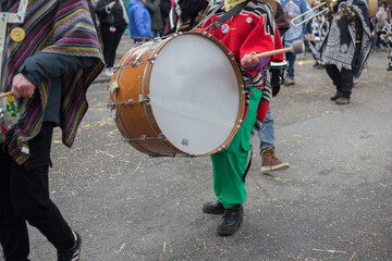 Close-up of big drum played while marching at a carnival parade at Hirschau near Tuebingen, Baden-Wuerttemberg