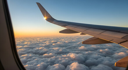 Obraz premium Aerial view of a plane wing during sunrise, above a sea of fluffy white clouds