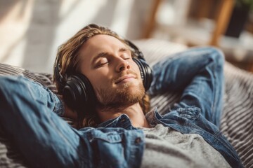 Obraz premium Young man relaxing with headphones at home