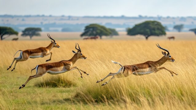 Graceful antelopes in motion leaping across a sunlit savanna grassland field with trees in the background during daytime