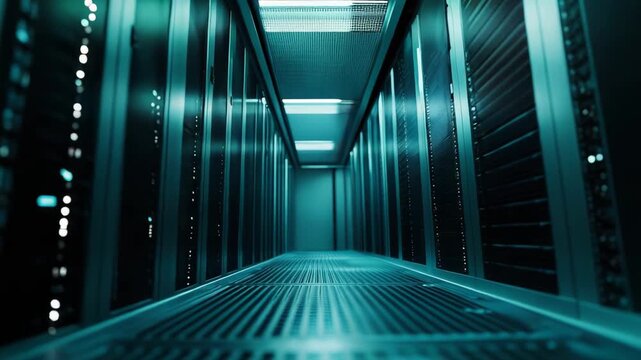 Data center racks with blinking lights creating a long corridor, symbolizing large scale cloud computing, intricate network infrastructure, and critical server hardware operations