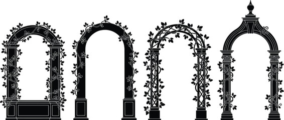 Set of black garden arch silhouettes with climbing ivy plants, classical architectural entrance frames, wedding floral arbor vector isolated on white © Najmin