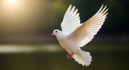 Obraz premium A white dove in graceful flight, bathed in golden sunlight, soft background