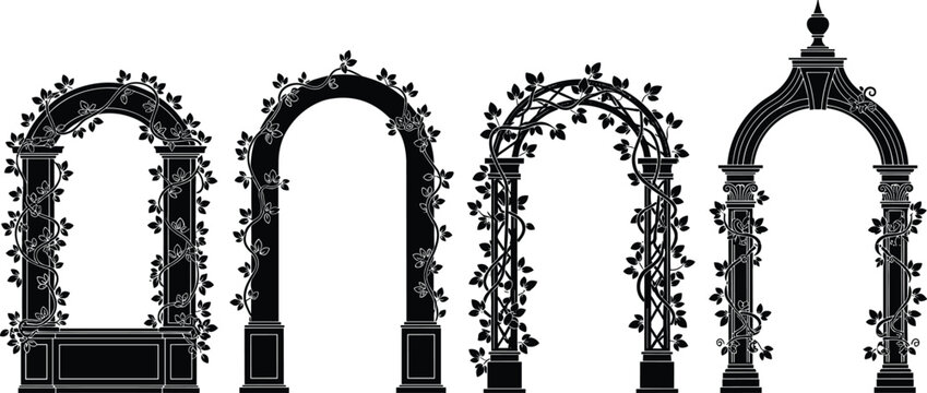 Set of black garden arch silhouettes with climbing ivy plants, classical architectural entrance frames, wedding floral arbor vector isolated on white