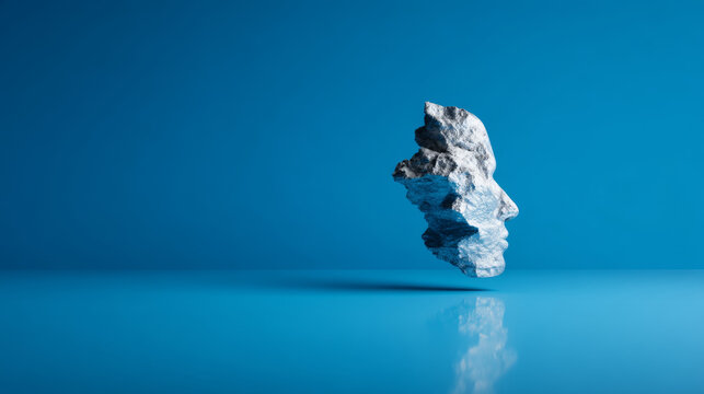 Rock face abstract blue floating surreal minimal stone profile creative A floating rock shaped like human face profile in surreal minimal blue environment evoking creativity and imagination