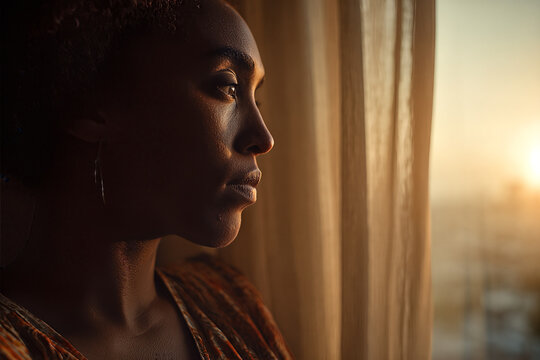 Black woman writer in three - quarter profile gazes out a sheer curtain into golden sunset, patterned wrap blouse and delicate hoop earring, pensive