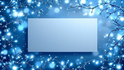 Blue festive bokeh lights background with copy space frame.
