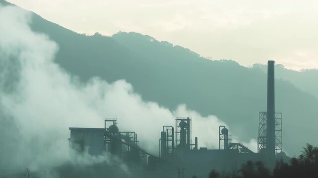 Industrial factory complex belching thick smoke and steam into a hazy sky over mountains, starkly illustrating air pollution, carbon emissions and environmental impact