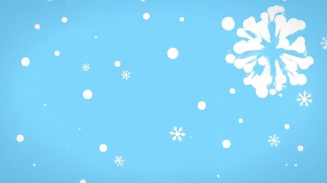 Minimal winter-themed motion graphic featuring white snowflakes of varying sizes gently falling across a soft blue background,