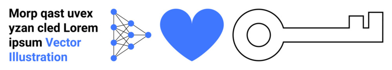 Artificial intelligence, cybersecurity, data networks, conceptual love, security keys, technology. Neural network graphic, a heart icon and key outline. Artificial intelligence and cybersecurity