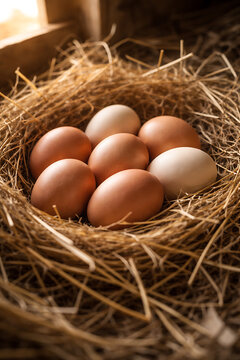 A nest filled with several brown eggs, capturing the essence of nature's bounty. The eggs are nestled in a bed of hay, symbolizing life and potential