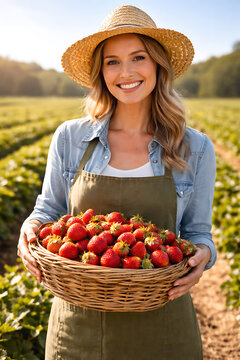A beautiful woman smiling at the camera holding a basket full of freshly picked strawberries
