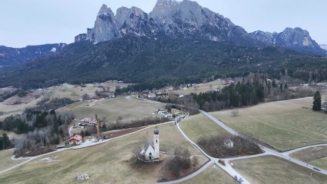 Dolomites. Church and ancient religious tradition of Siusi and Castelrotto. San Valentino
