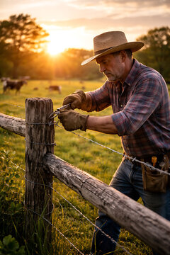 A seasoned farmer working on a wooden fence, bathed in the warm light of the setting sun