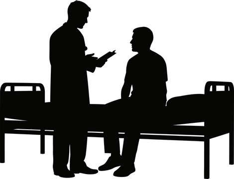 Medical doctor consulting with patient on hospital bed silhouette