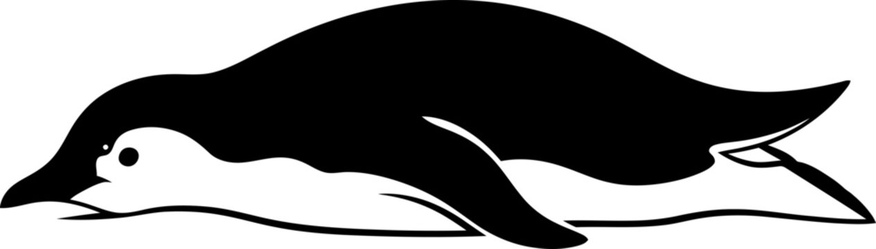 Minimalist silhouette of a penguin sliding on its belly across the ice