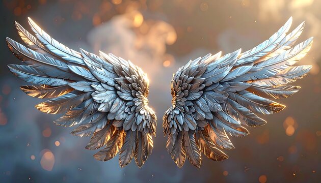 Gleaming silver wings spread wide against a dreamy background with soft light and bokeh elements
