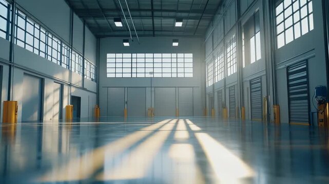 Empty industrial warehouse interior with high ceilings and large windows, sunlight streaming across polished concrete floors, creating a bright, spacious clean logistics space