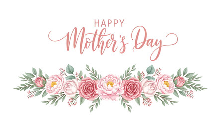 Mother's Day floral border with pink roses and green leaves, isolated on white background