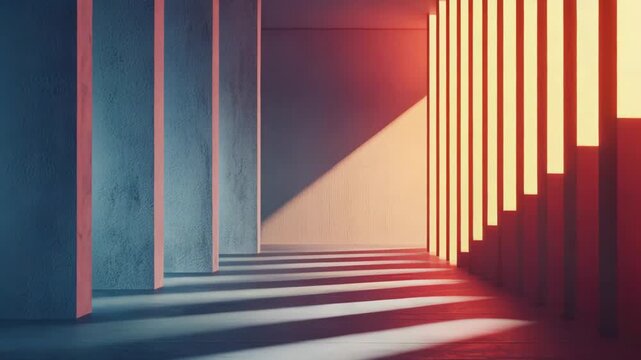 Abstract architectural space featuring a minimalist design with parallel pillars, creating strong light and shadow patterns across the floor and walls in a gradient of warm and cool tones