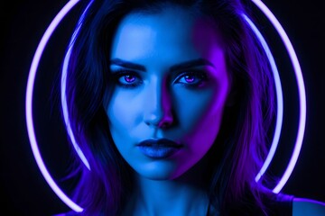 Fototapeta premium Dramatic portrait of a woman with pink eyes and neon blue halo lighting, futuristic cyberpunk style, digital art and high-tech beauty concept