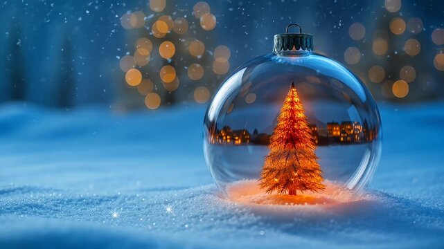 Snow globe on white surface surrounded by gentle snowfall with cozy christmas landscape and winter atmosphere